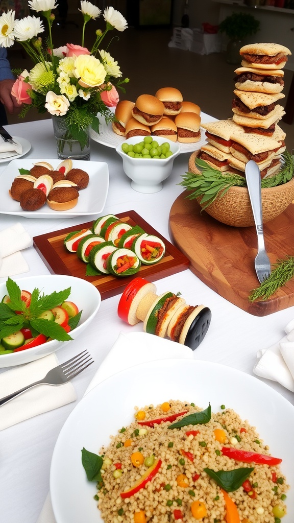A beautifully set lunch table with colorful dishes, including quinoa salad, Caprese skewers, grilled chicken wraps, and mini beef sliders.